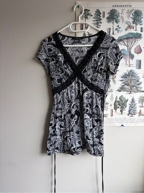 George Black & White Paisley Lace-Trim Sleep Top Medium